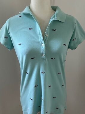 Vineyard Vines Aqua Polo Top All Over Navy Embroidered Whales Womens Small EUC